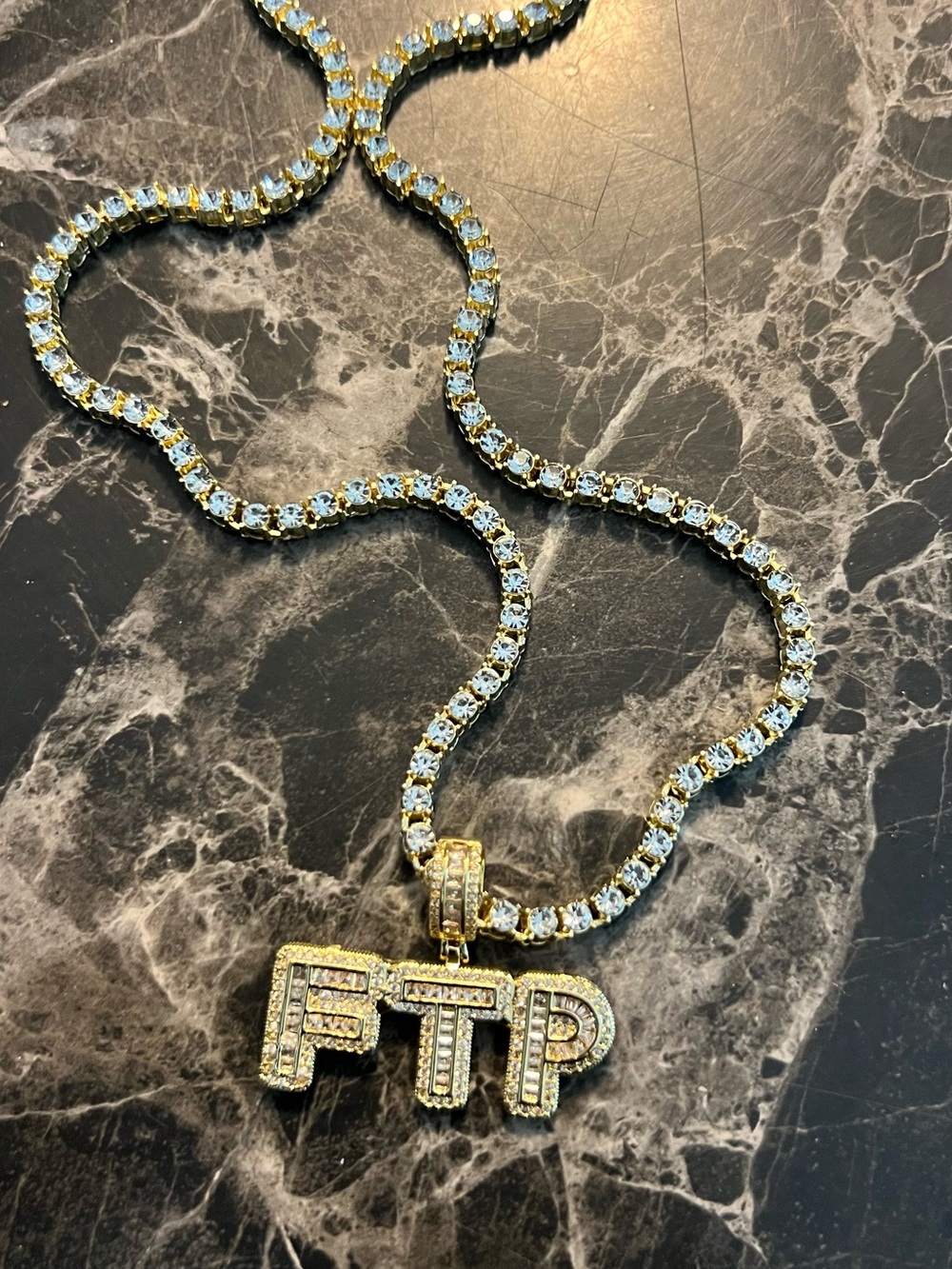 Gold-Tone Tennis Chain Necklace with 'FTP' Pendant